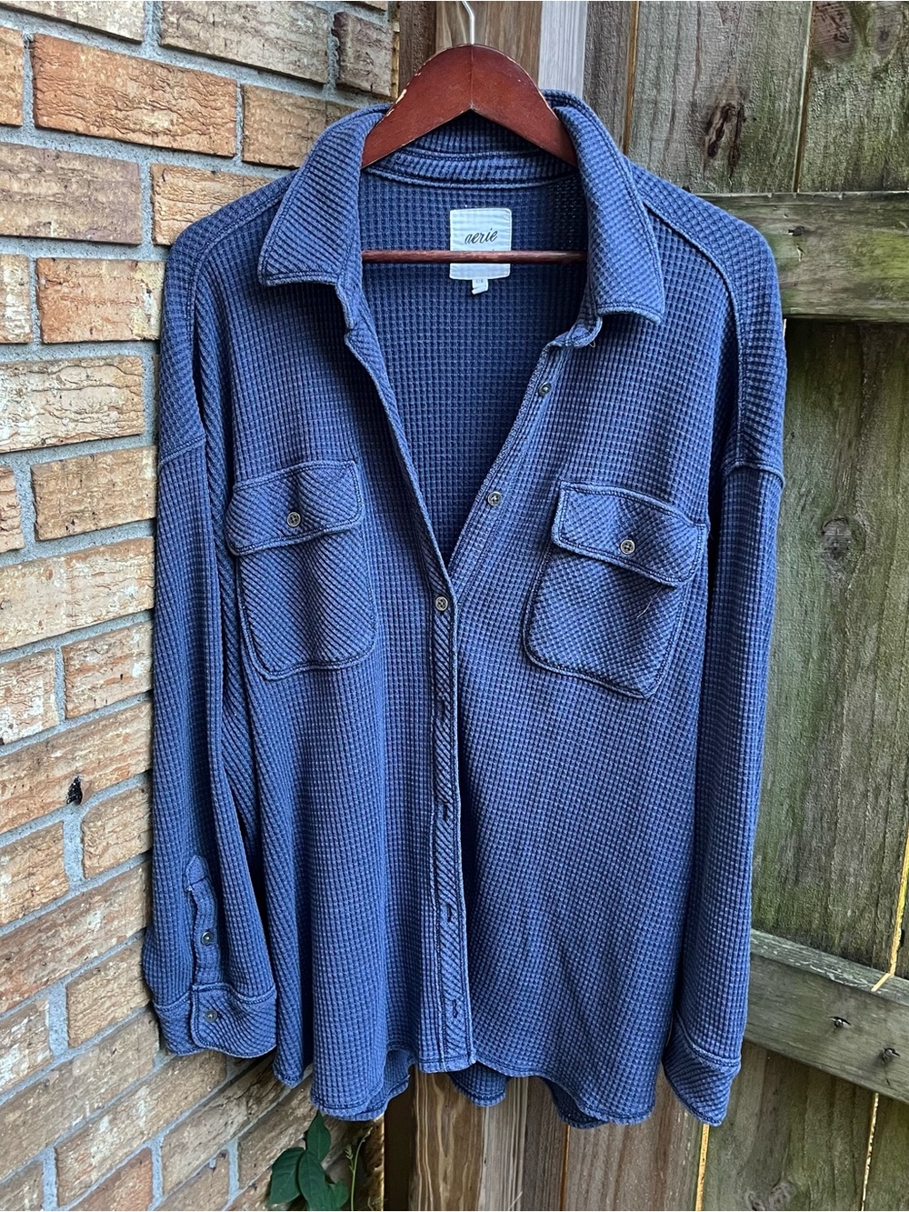 Aerie Oversized LumberJane Women's Blue Waffle Button-Down Shirt Jacket